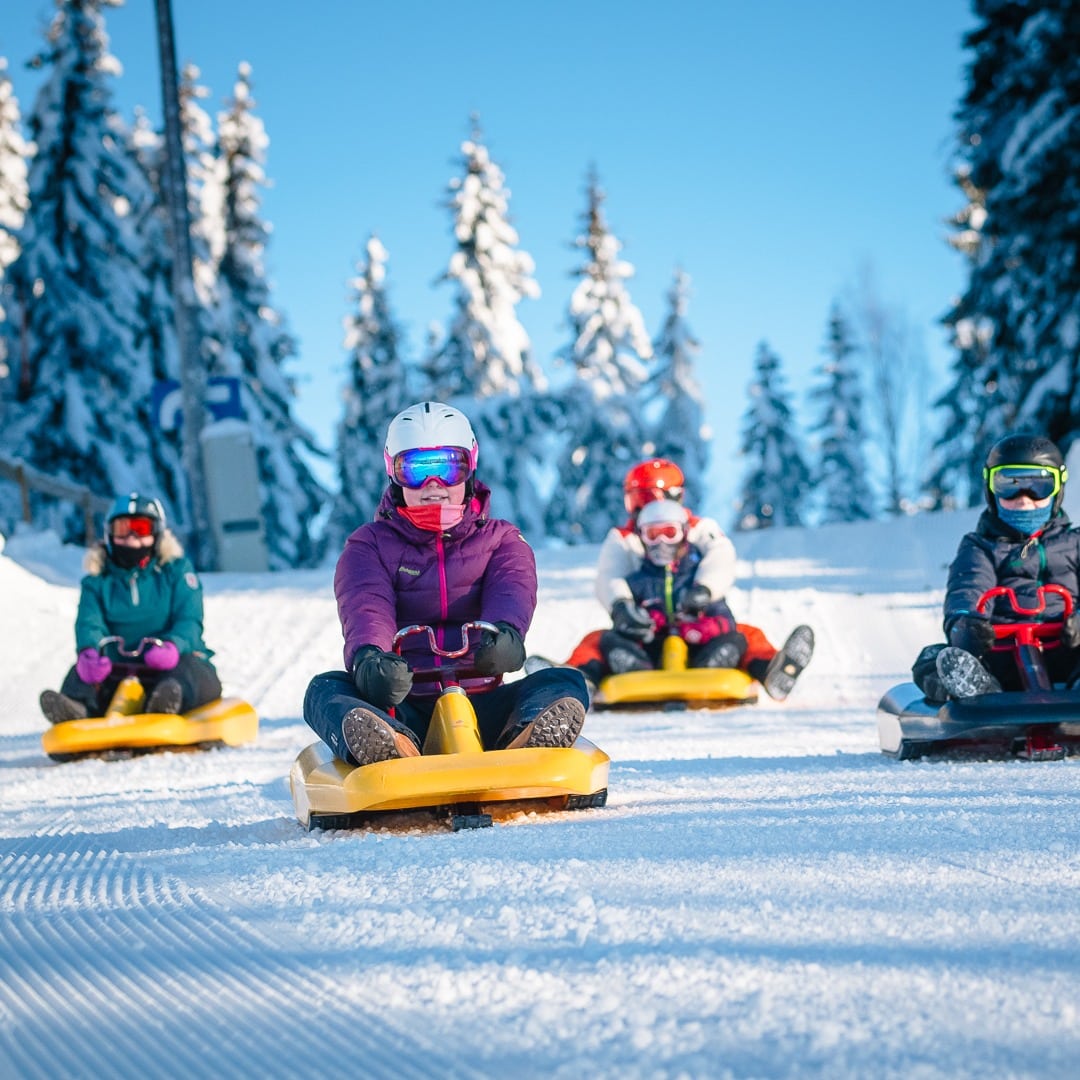 O familie se distreaza pe partiile de saniusi din Norvegia, unele dintre cele mai bune din europa. 