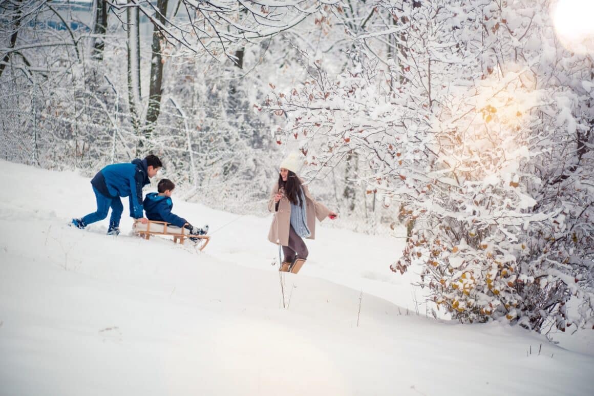 o familie se distreaza cu sania pe partie, prin padure