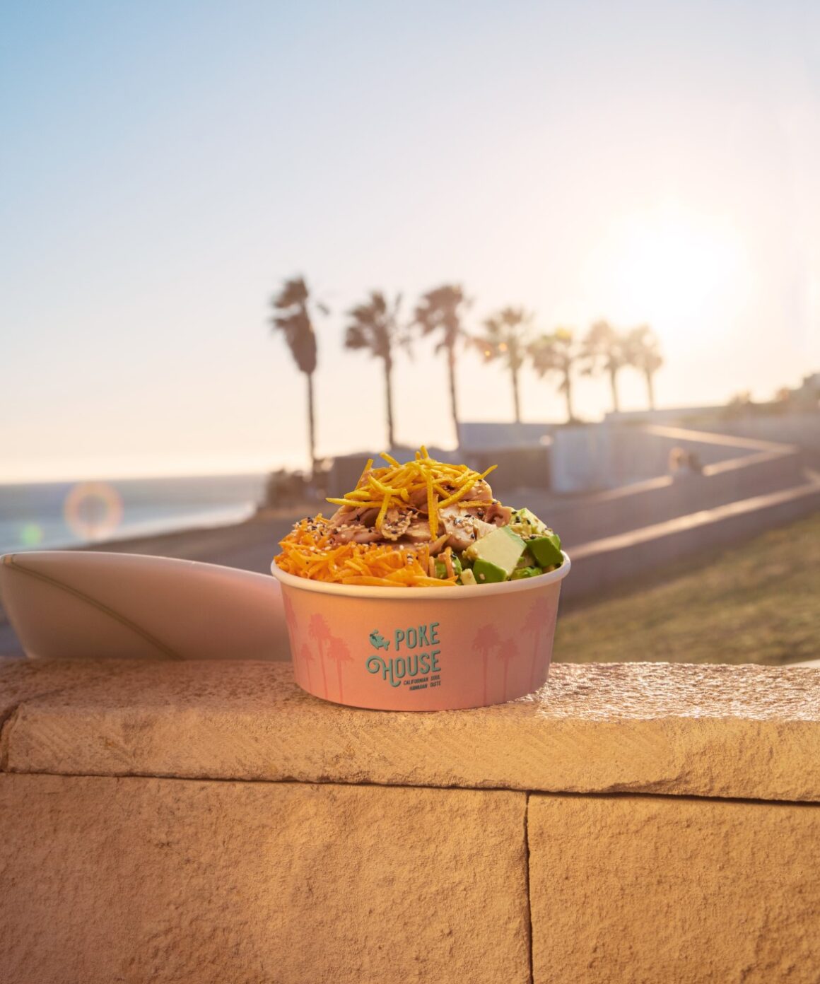 bol de poke in prim plan,  iar in fundal palmieri pe plaja