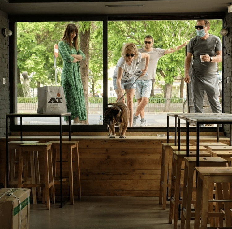 clienti care intra cu un caine la Ai Sushi