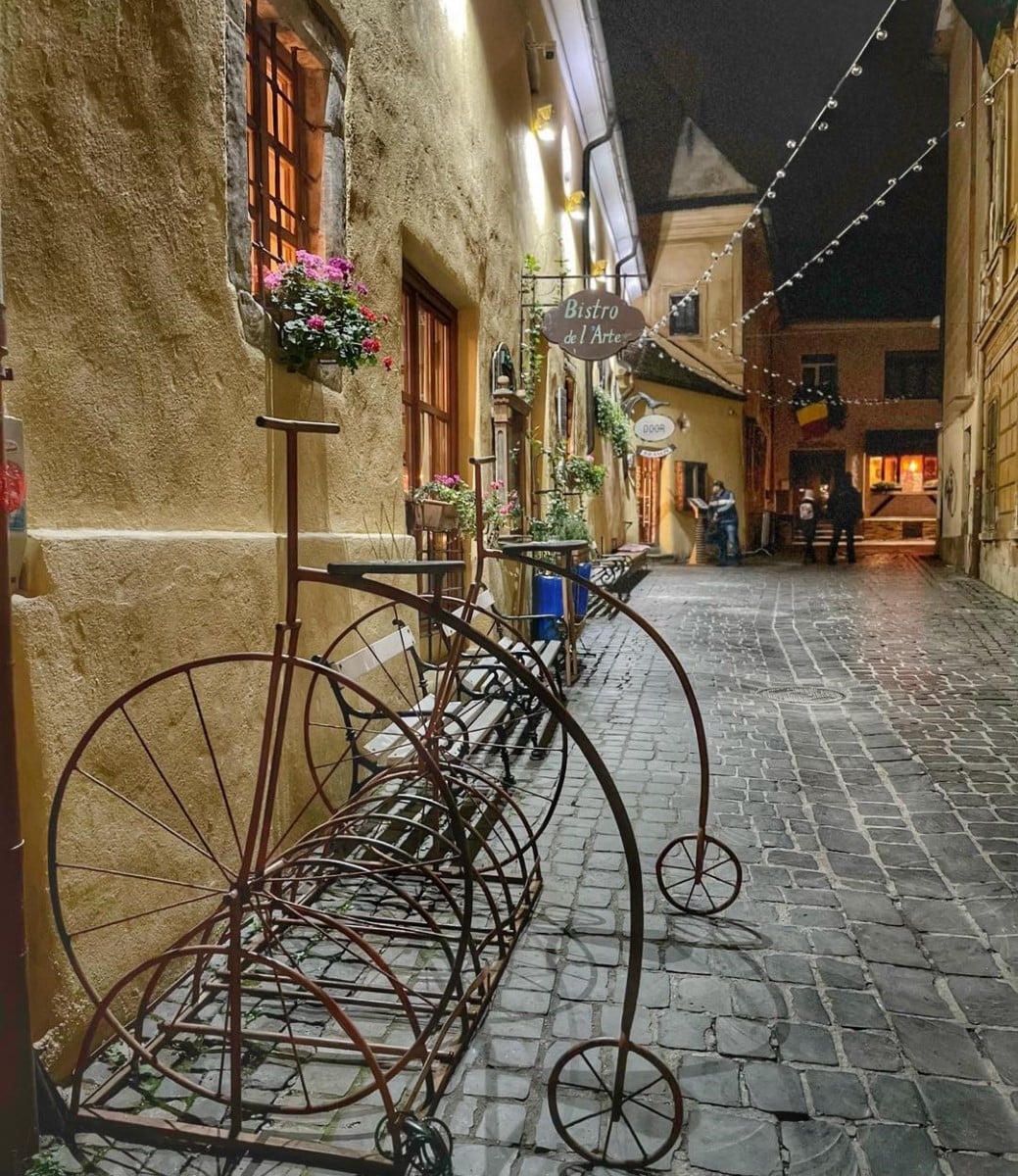 intrarea la restaurant Bistro de lArte din Brasov, fotografiat din strada, seara - restaurante farm to table