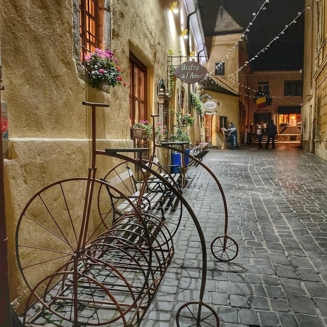 suport metalic pentru biciclete in fata restaurantului Bistro de LArte din Brasov - unul din restaurante destinatie din țară
