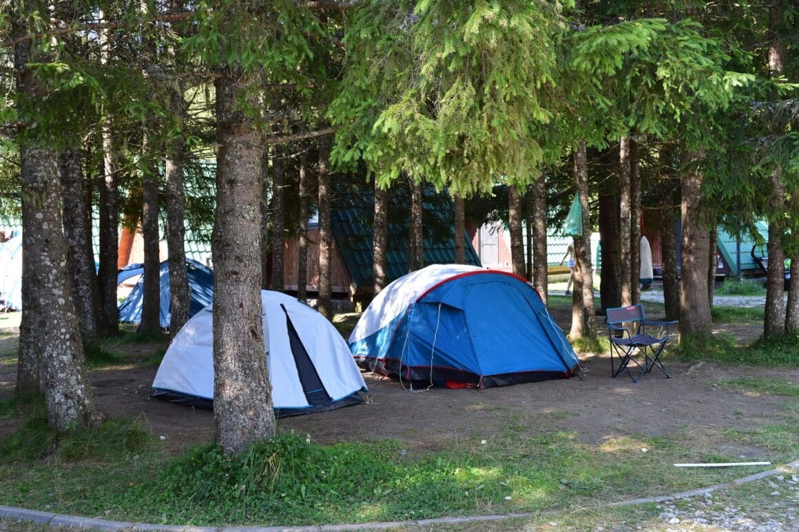 2 corturi asezate printre barzi la Campin Zanoaga.