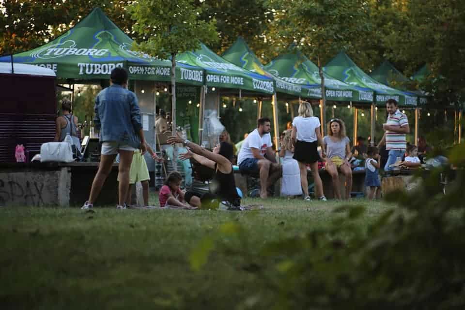mai multe mese de picknick sunt asezate printre copacii parcului din chitila