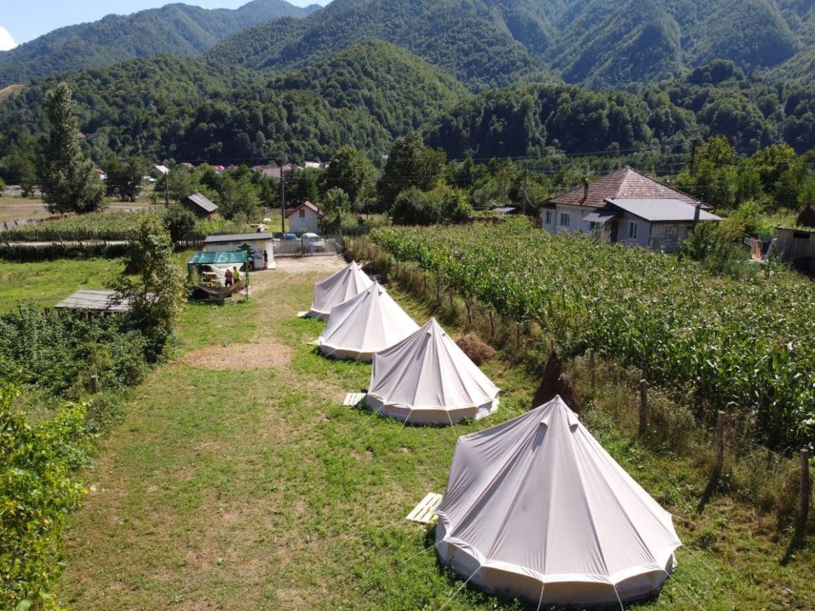 corturi de glamping asezate in rand pe iarba, la Brezoi.