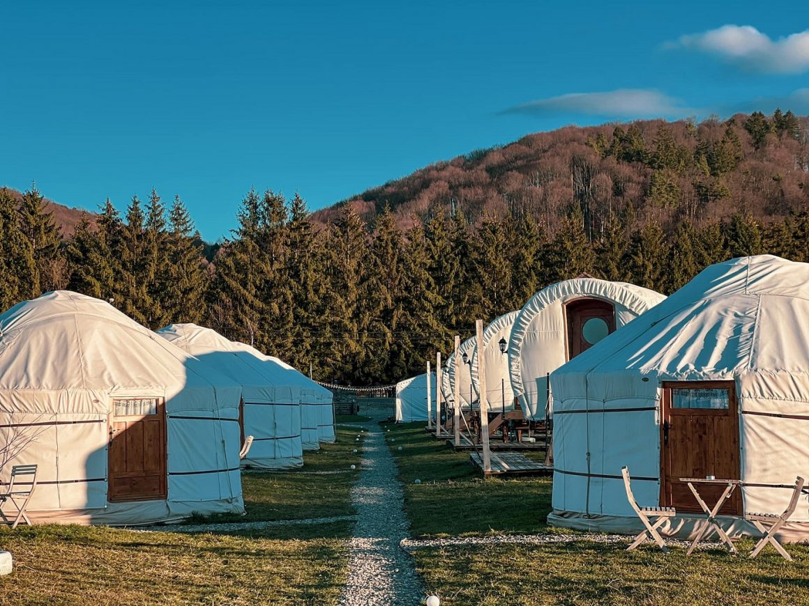 complex de corturi si iurte la glamping Spiritul Zimbrului, iar in spate padurea. Glamping în România