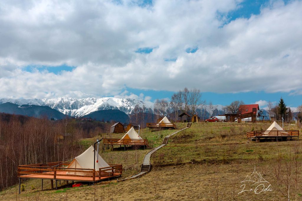 Mai multe corturi de glamping La odări, rasfirate pe un deal acoperit de verdeata