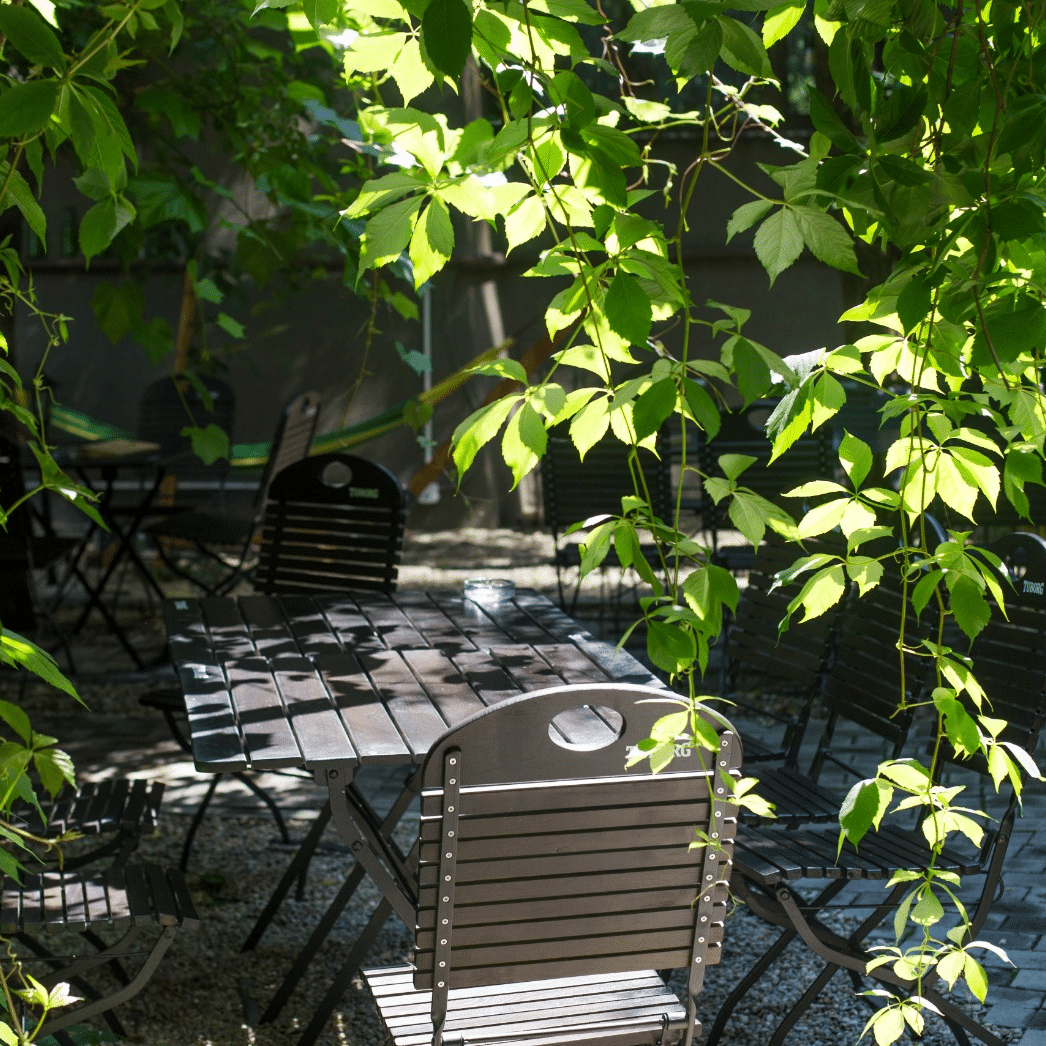 doua scaune și o masa de pe terasa lente arcului și mai multe plante. Terase hip din Bcuurești