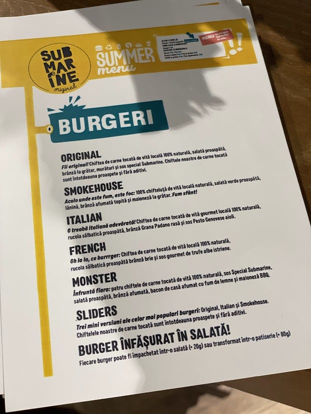 Meniul de la Submarine Burger