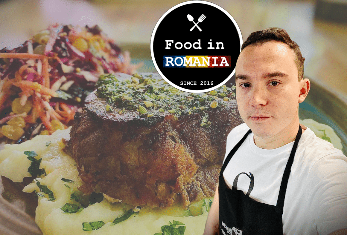 Colaj foto cu Catalin aka FoodInRomania, logo si o imagine cu mancare in fundal