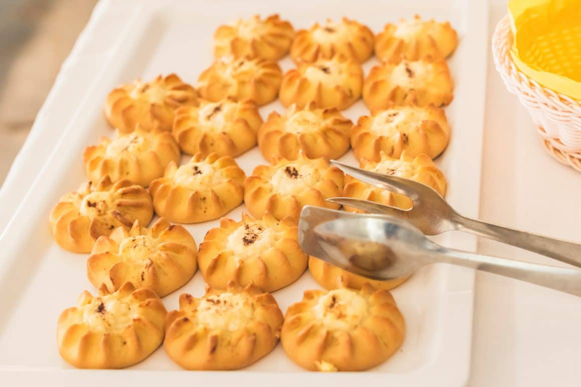 Cretan Sweet Cheese Pastries (Kalitsounia) on the table of the hotel restaurant, as a gift for guests in honor of the Easter holiday