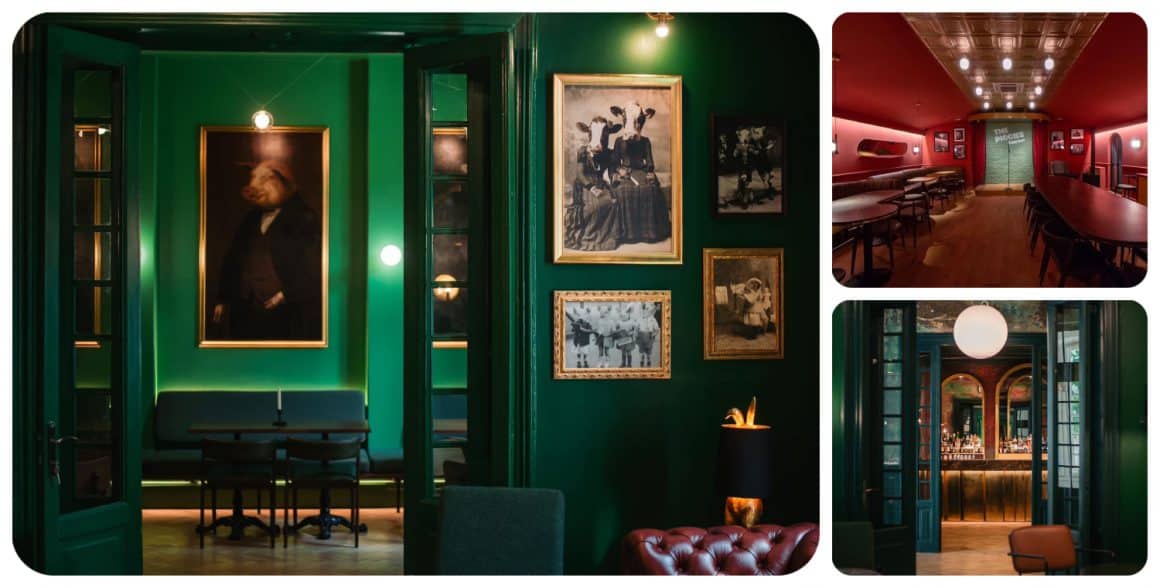 Colaj foto din restaurant Animaletto House, cu o incapere verde, cu tablouri cu animale umanizate, si o alta incapere rosie. Cele mai instagramabile restaurate din Bcuurești.