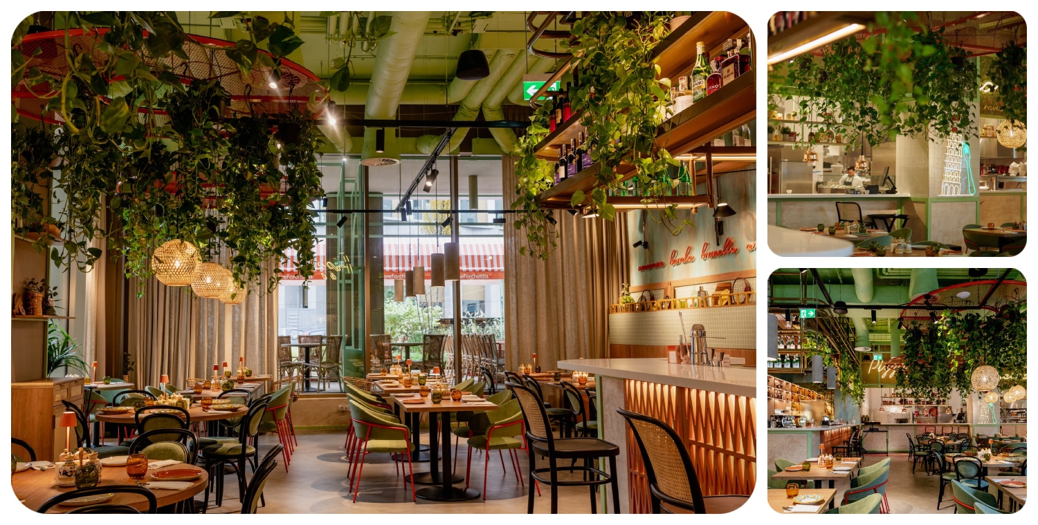 Colaj foto din restaurant Ave Forchetta, decorat cu multe plante, in culori calde.