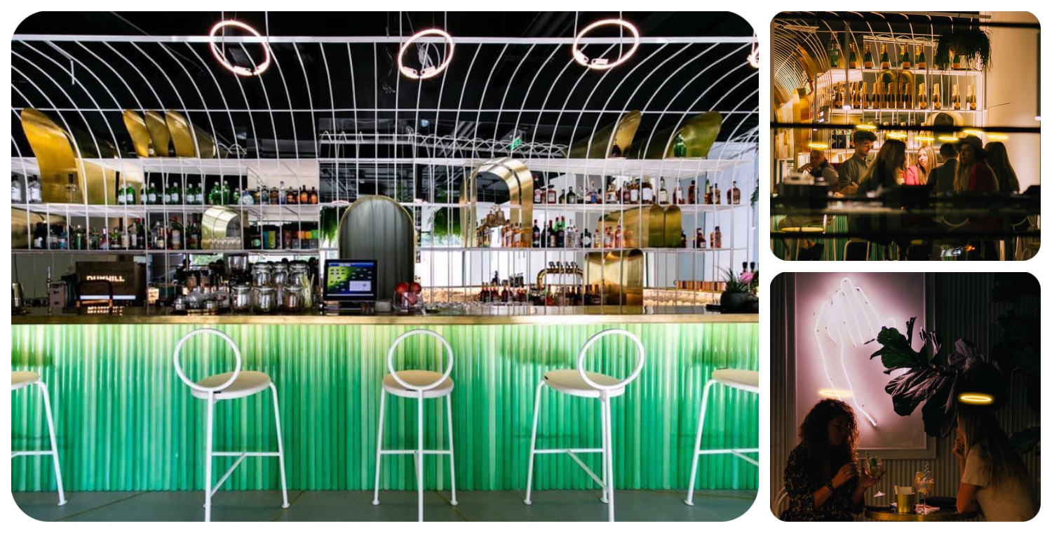 Colaj foto din barul The Saint 139 de pe Calea Victoriei, cu bar verde iar in spate un perete din multe oglinzi mici, si scune inalte de bar al caror spatar imita haloul unui inger. 