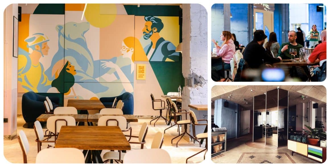 Colaj foto din restaurant GYST, cu un mural in nuante pastelate, cu oameni tineri. Unul din cele mai instagramabile restaurante din Bcuurești.
