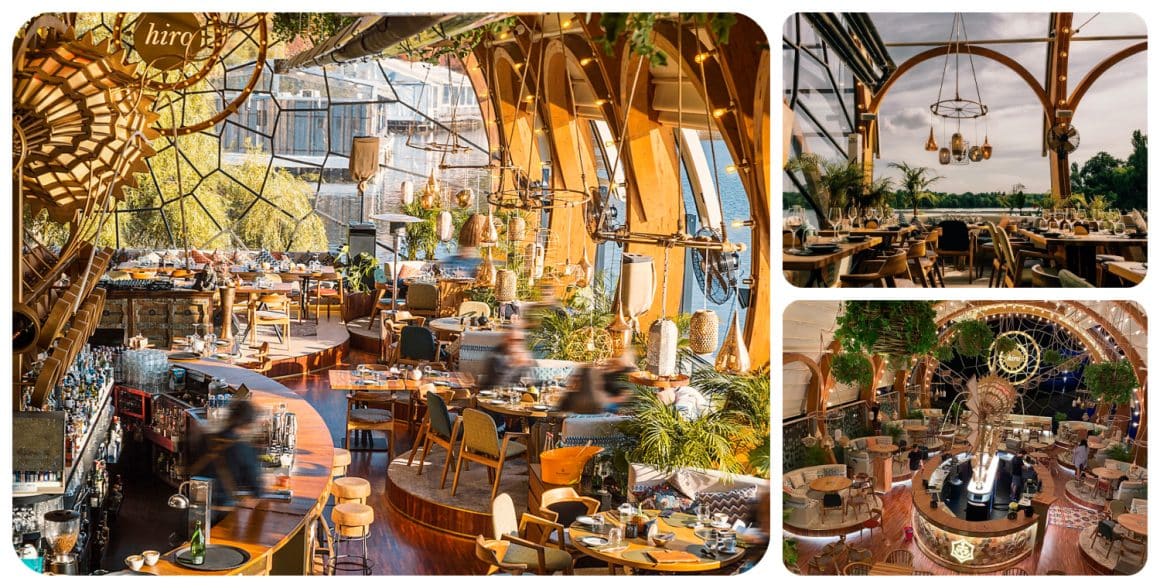 Colaj foto cu terasa Hiro Bay din Herastrau București, pe malul lacului, cu cadru din lemn sub forma unor bolte.