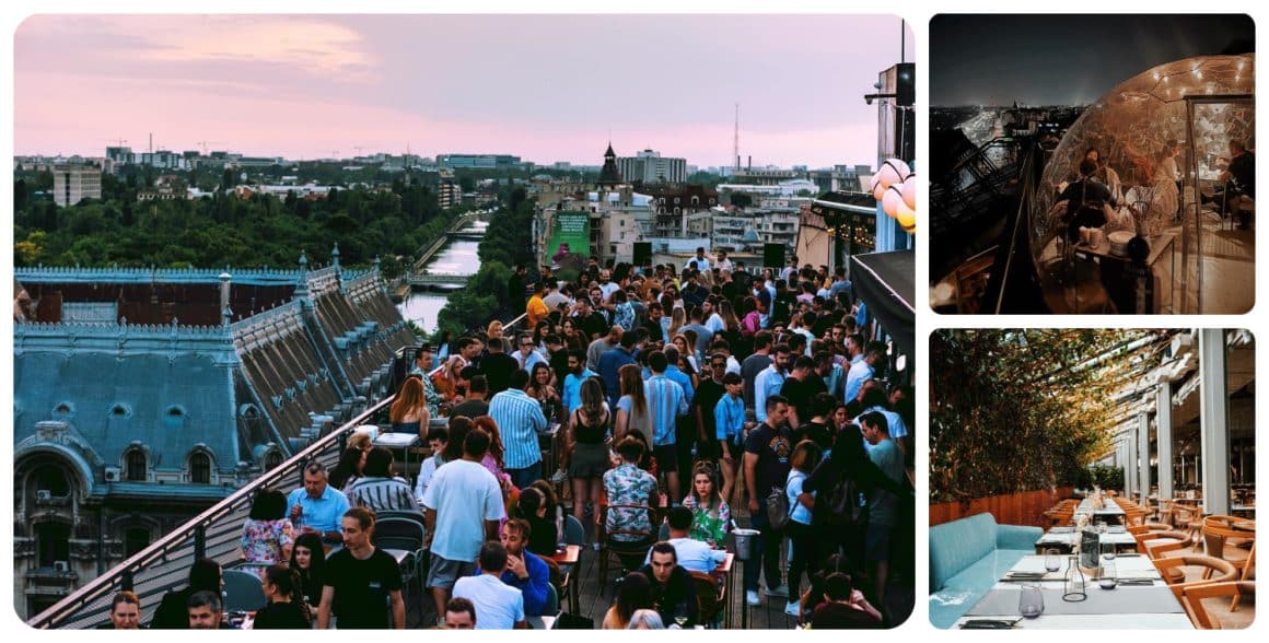 colaj de 3 fotografii de la Linea Closer to The Moon. Una cu iglu in care sunt asezate mese, fotografiat noaptea, alta din interiorul restaurantului, in care se vede o masa lunga si deasupra o bolta de plante, iar a treia cu terasa restaurantului plina de lume, iar in fundal Dambovita si acopeisurile cladirilor din jur.