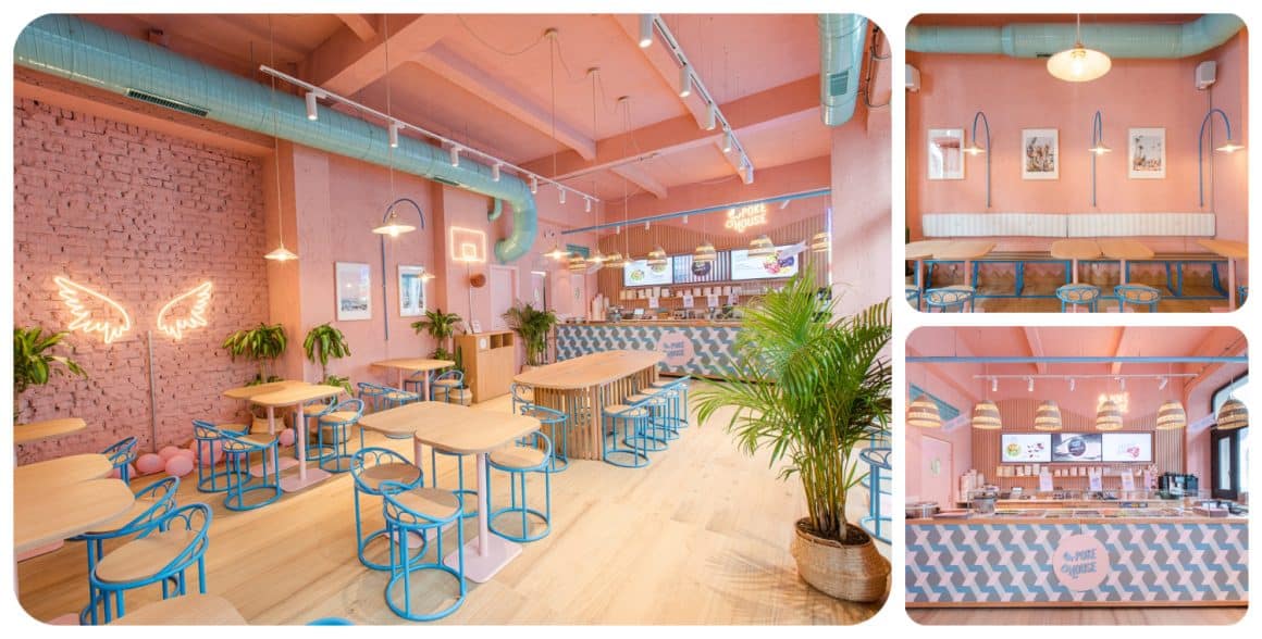 imagini din restaurant Poke House, amenajat cu pereti roz prafuit si mobilier retro. Unul din cele mai instagramabile restaurante din București