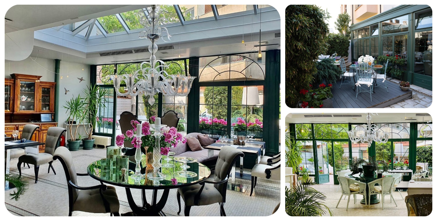 Restaurant Veranda Casa Frumoasă, cu geamuri mari cu rame negre si mobilier clasic, flori si candelabre luxoase, in stilul serelor din secol 18. Unul din cele mai instagramabile restaurante din București.