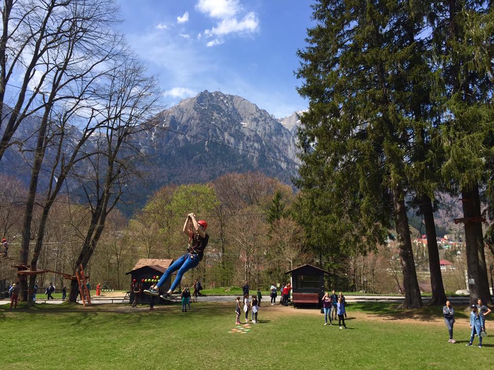 un copil coboara pe tiroliana printre mai multi copaci, iar in fundal se vede un munte stancos. Destinații de vară pentru familiile cu copii