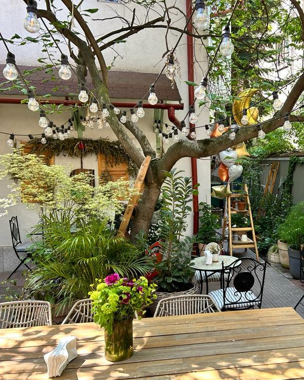 terasa gradinii bacania veche cu multe flori si ghirlande luminoase