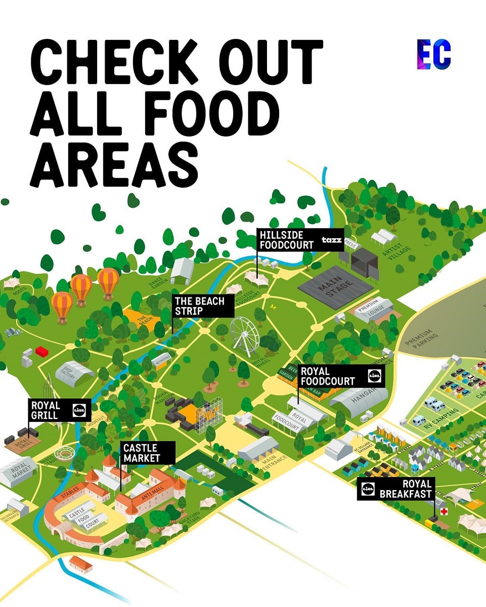 afis cu zonele de mancare de la Electric castle 2023. Ce și und emâncăm la Electric Castle 2023