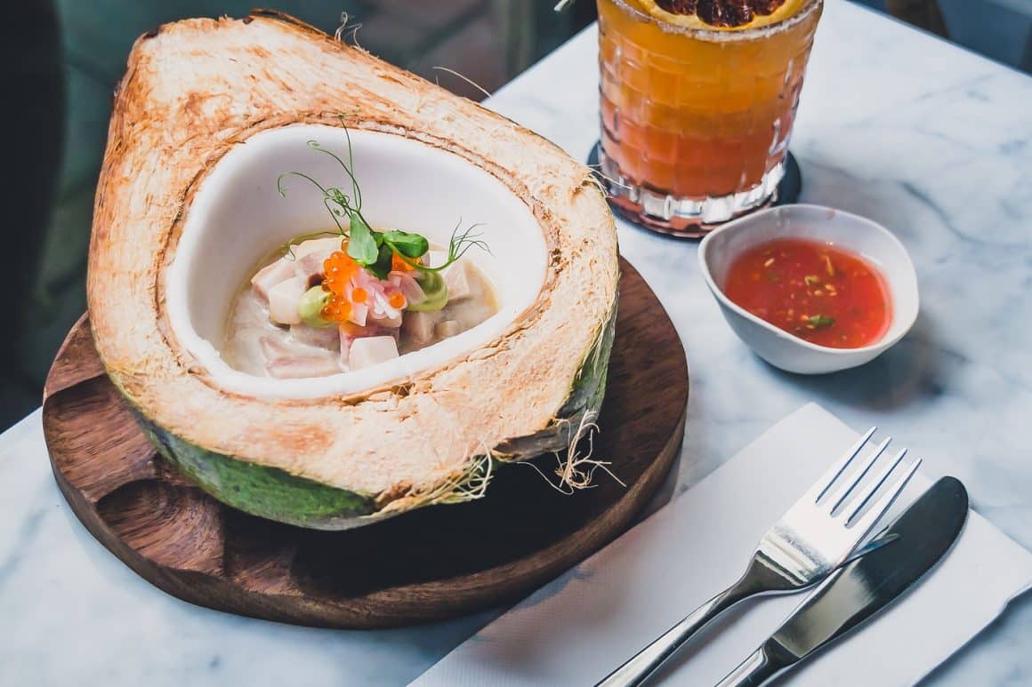 Easter island Tahitian, Hawaiian Tuna Ceviche with sweet potato in Natural zero waste coconuts plates