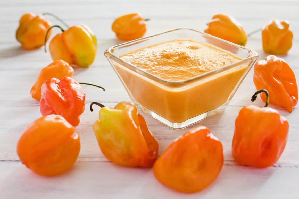 habanero sauce, salsa de chiles habaneros, spicy ripe habanero hot chili peppers mexican food in mexico