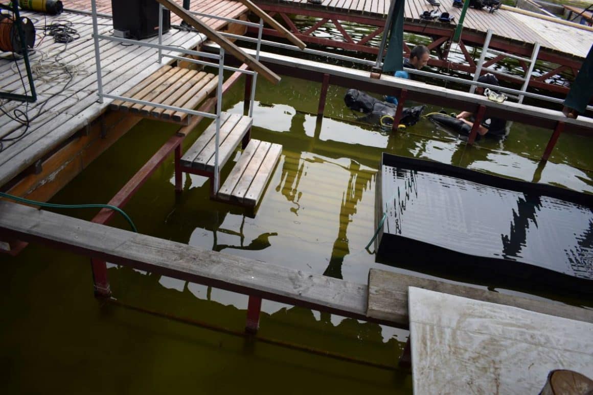 intrarea in apa a unui bazin unde sunt rganizate sesiuni de degustare a berii sub apa. Experiențe gastronomice inedite