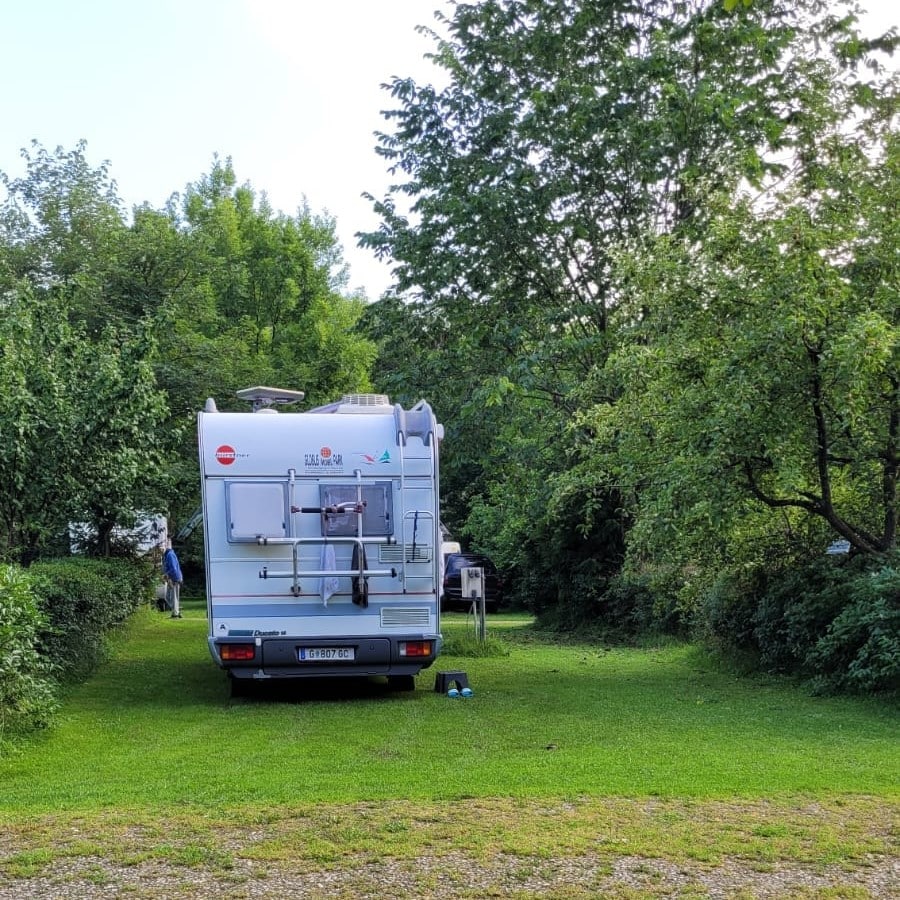 o autorulotă este parcata intr-un peisaj montan, cu copaci și o poieniță. la vampire camping românia