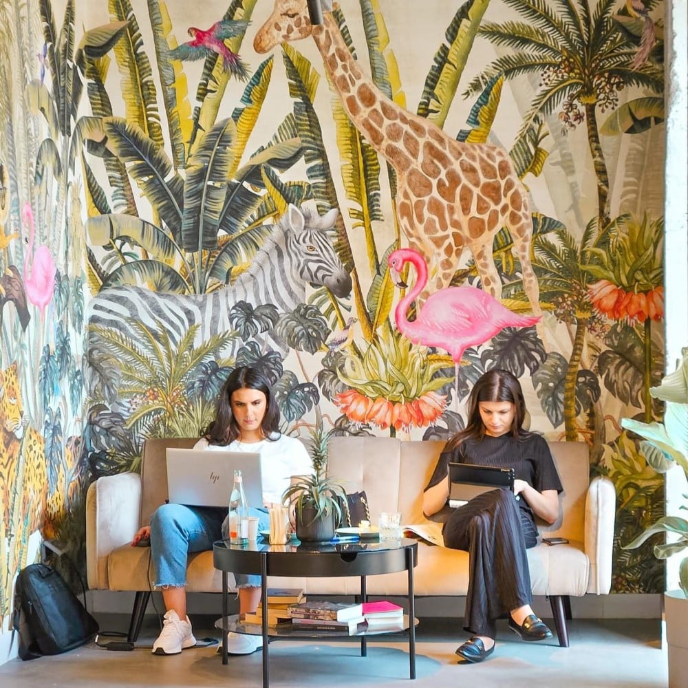 2 fete lucreaza la laptop pe o canapea, iar in fundal un tapet exotic, cu animale