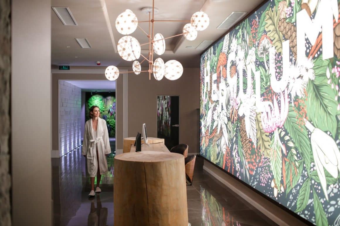 recepția unui spa din romania, cu un mozaic mare si cateva butoaie de vin pe post de masă. Locații spa din România. la Afrodita Resort & Spa