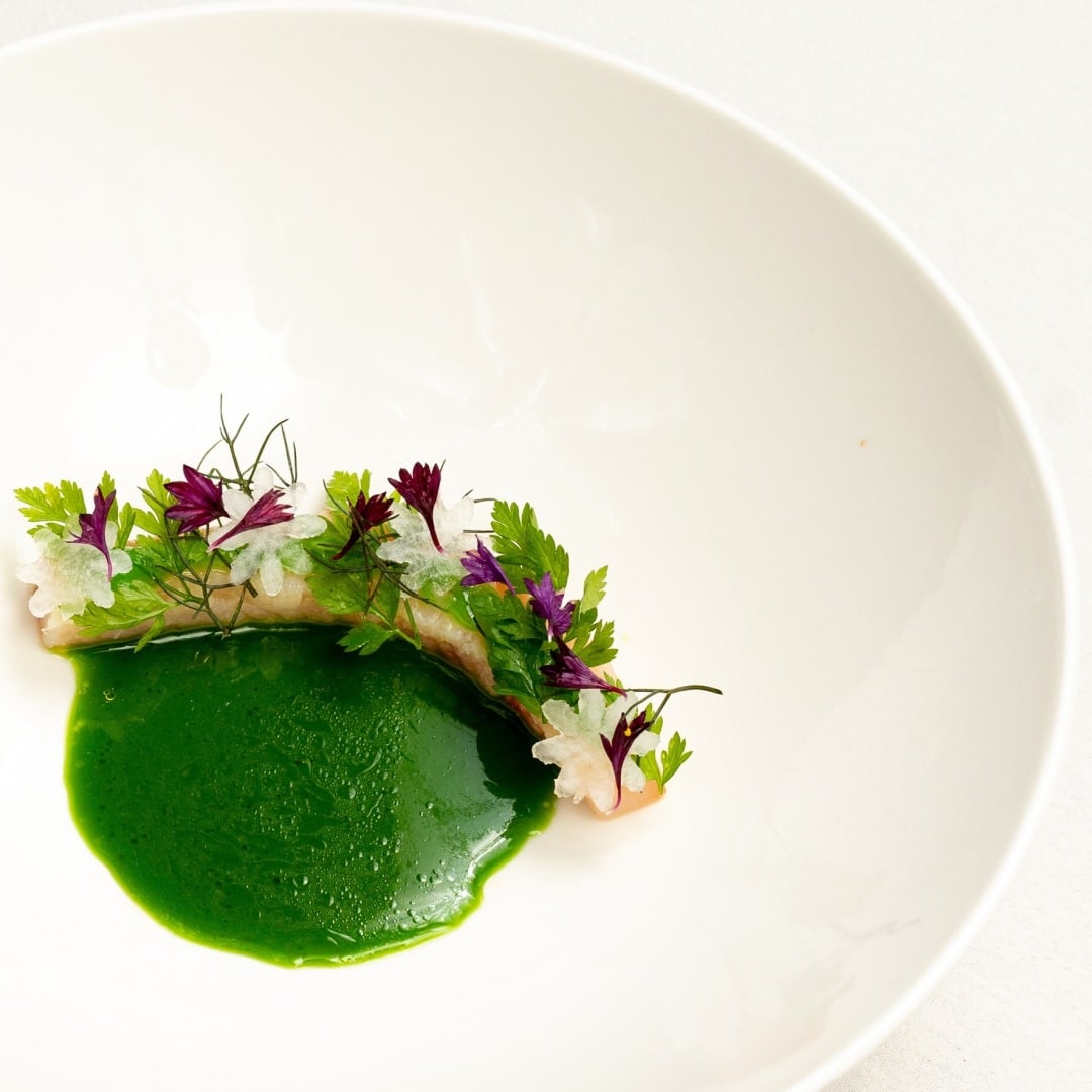 Păstrăv marinat în sare și zahăr, gazpacho de castraveți, ridiche albă și chervil de la Kane, unul din restaurantele cu noua bucătărie românească fină