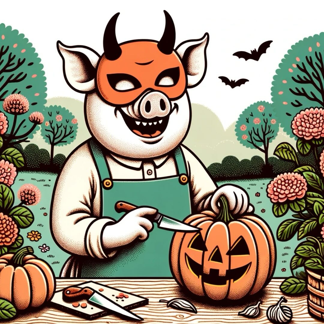 desen cu un porc cu masca de dovleac care sculpteaza un dovleac