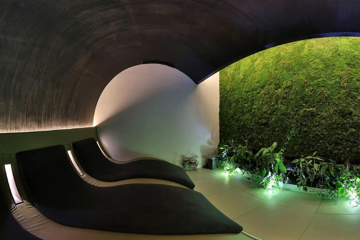 peretii semirotunzi cu forme organice și un perete de muschi stabilizat ai unei locații spa din România. Forest Retreat