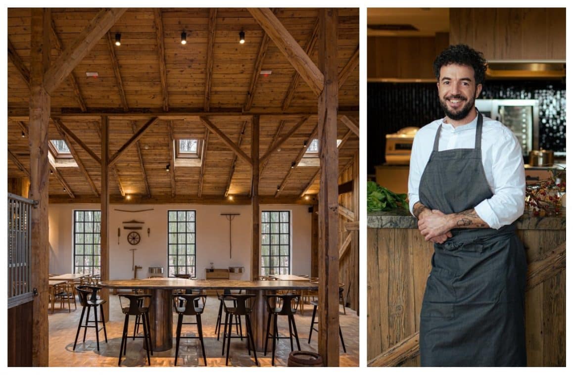 Colaj foto cu chef Alex Dumitru si interiorul restaurantului La Hambar, etalon pentru noua bucătărie românească fină