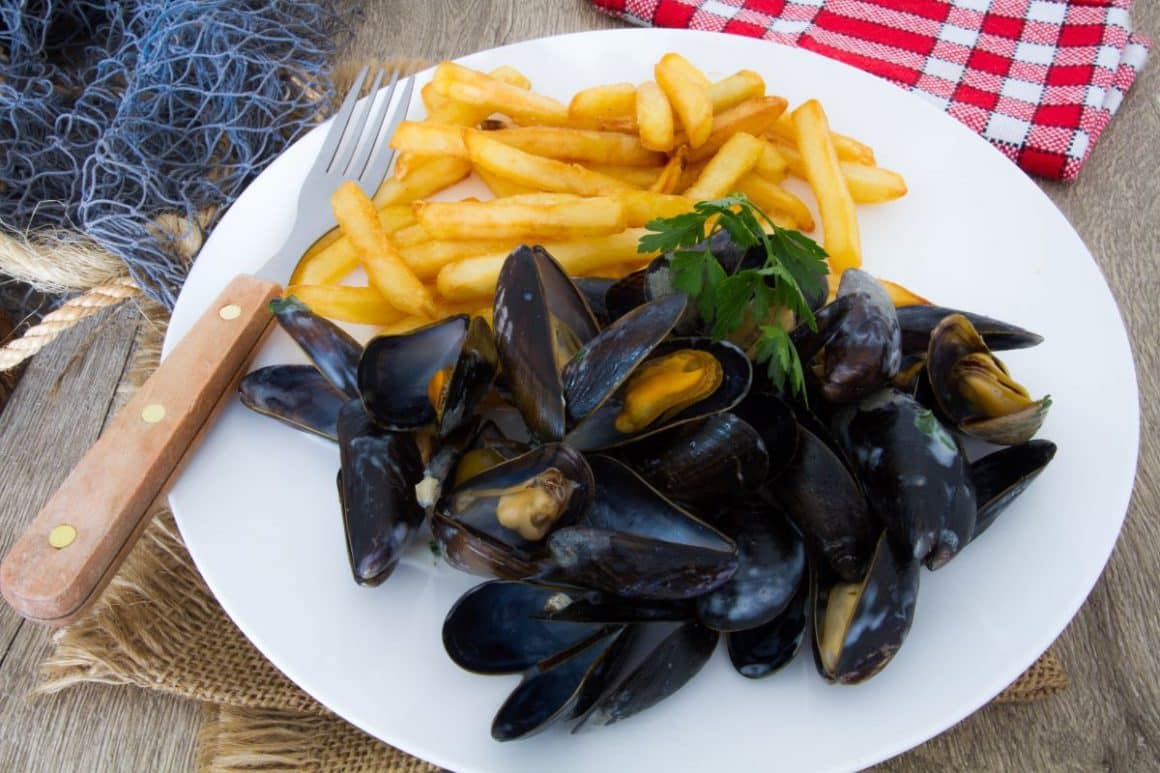 o portie de midii cu cartofi prăjiți un fel tipic de mâncare în bruges