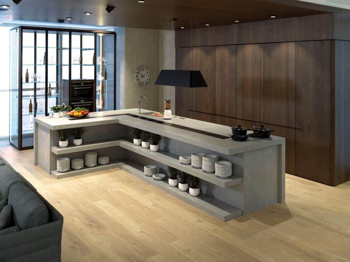 o insula de gatit intr-o bucatarie moderna, cu materiale naturale