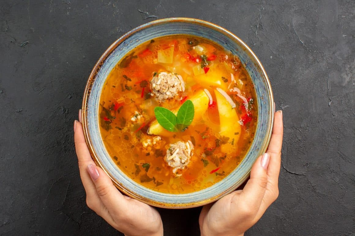 top view tasty vegetable soup with meat potatoes on dark table. povestea borșului