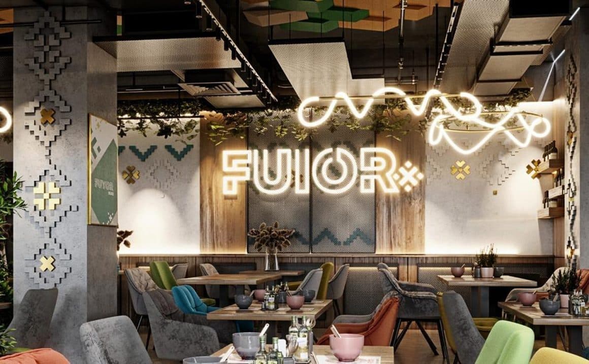 restaurant fuior, amenajat modern, cu motive traditionale pe pereti. Restaurante românești