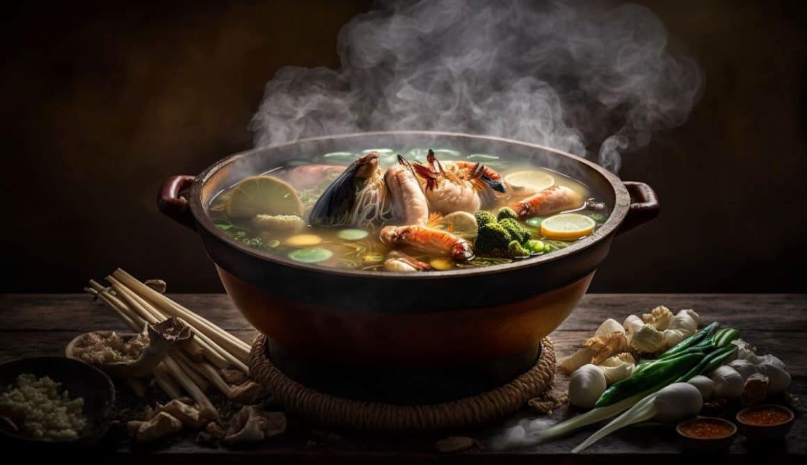 un vas de lut plin cu ingrediente pentru Sichuan Hot Pot aburind, cu mai multe ingrediente in jurul vasului