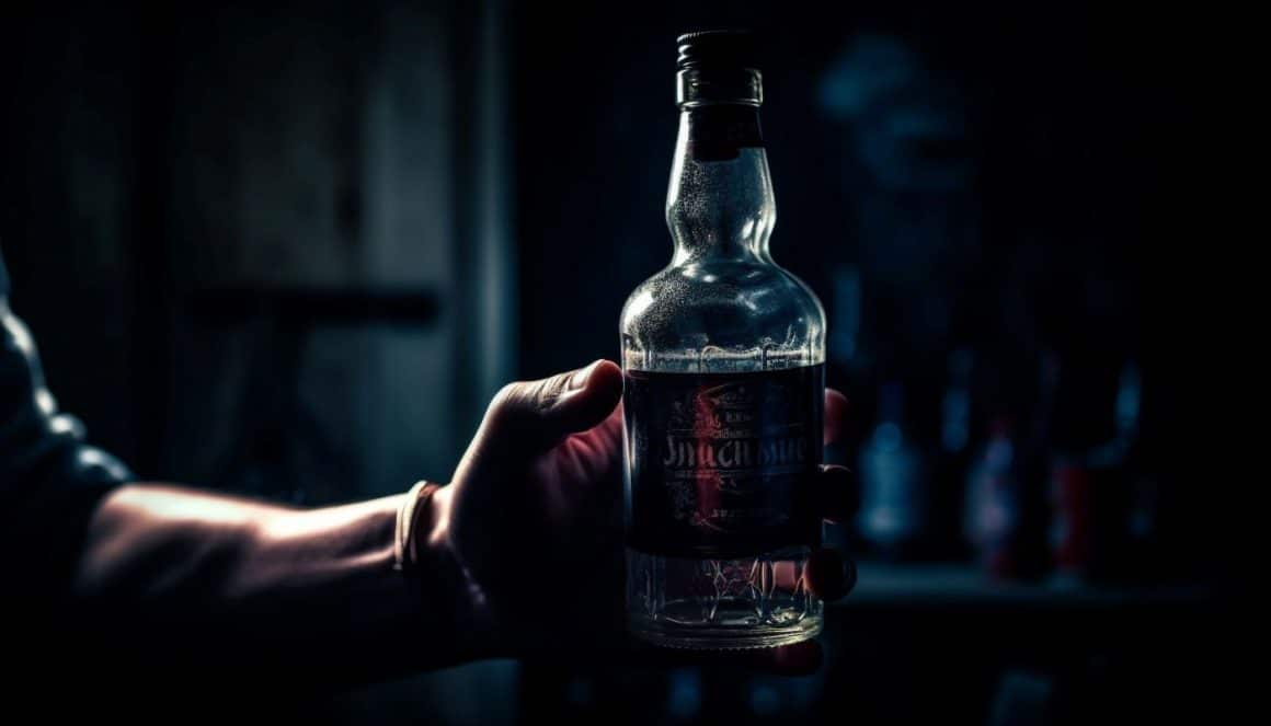 un barbat tine în mana o sticlă de tărie, cu putină lumină pe ea și penumbră ăn fundal