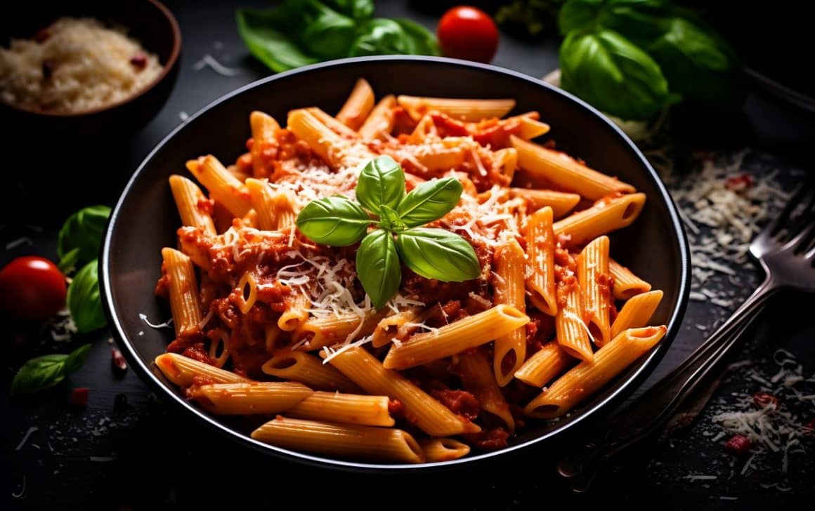 o portie de penne allarabiata, un lef de mancăruri picante tipic italian, cu parmezan ras și o frunză de busuioc deasupra