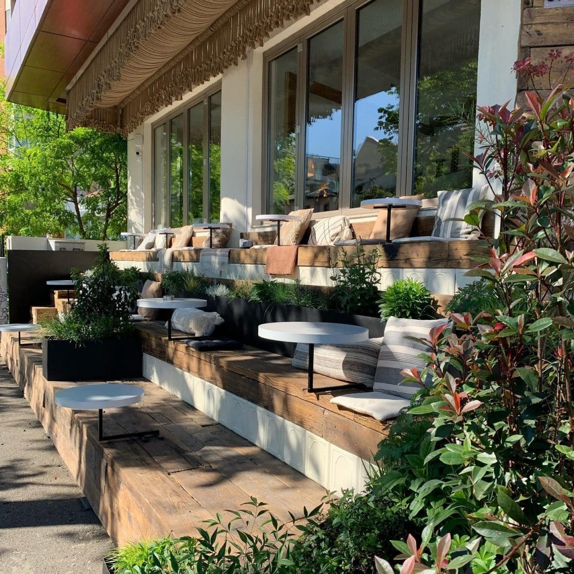 terasa in trepte pe care se poate sta si servi masa la Avocadoo. Restaurante vegane București