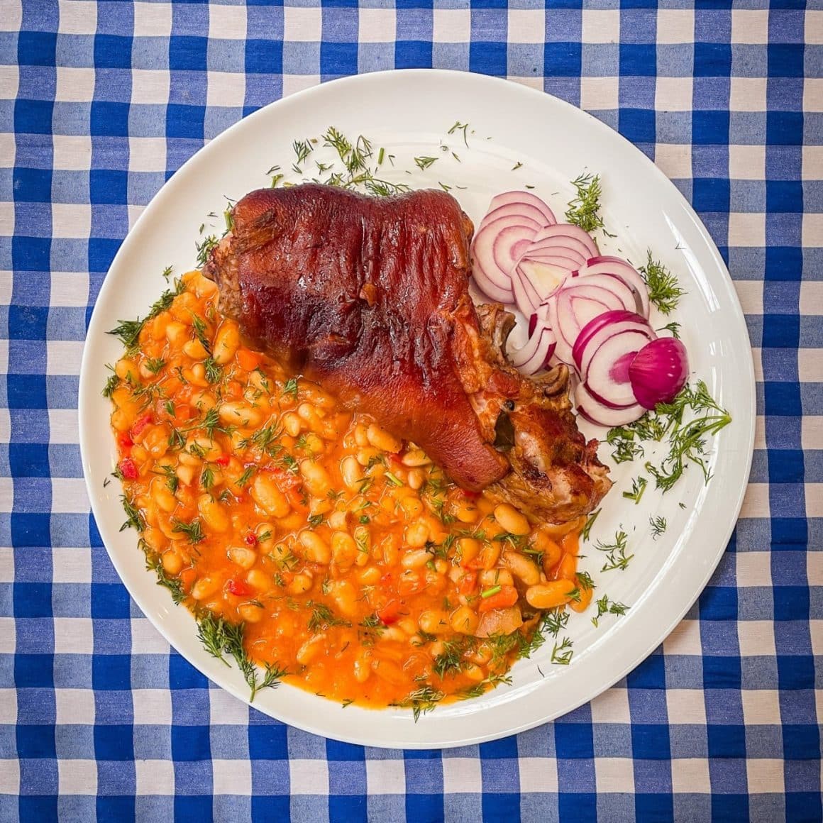 farfurie cu iahnie de fasole si ciolan, ceapa, fotografiata de sus