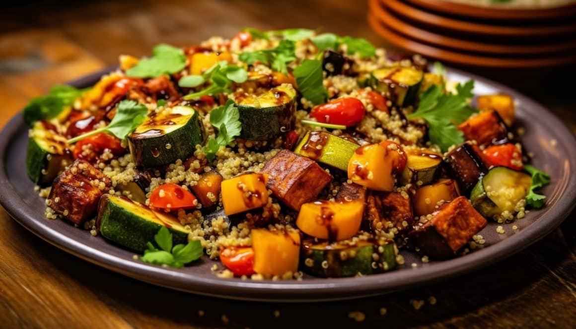 un bol cu mai multe ingrediente folosite la prepararea unei salate calde salate calde, așezat pe o masă de lemn