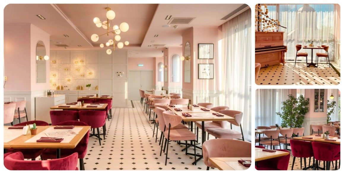 colaj de fotografii din restaurant Cișmigiu bistro, una cu privire de ansamblu in care se vad scaune de bar si mese de 4 persoane, cu ferestre in fundal, alta cu 2 scaune si o masa in fata unei ferestre mari, cu perdele si alta poza cu o canapea rosie, o masa si doua scaune crem, unul din cele mai instagramabile restaurante din București 