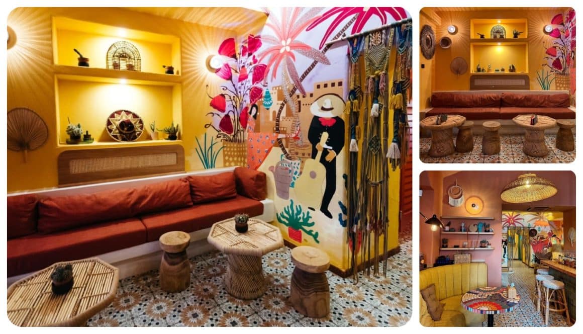 Colaj foto din restaurant Los Amantes, plin de culoare, decorat in stil mexican. Unul din cele mai instagramabile restaurante din Bcuurești.