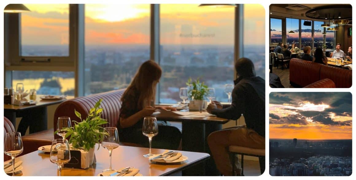 colaj de 3 fotografii de la Nor Sky Casual restaurant, una cu barul elegant, auriu, cu multe sticle so o masa cu elemente decorative in fata, alta fotografie cu becuri decorative in prim plan si oameni care iau masa la geam, la apus, in fundal, si alta cu un pahar de cocktail si o pereche de ochelari asezati pe o masa in fata ferestrei de la care se vede o priveliste minunata asupra Bucurestiului. Unul din Cele mai instagramabile restaurante din București.
