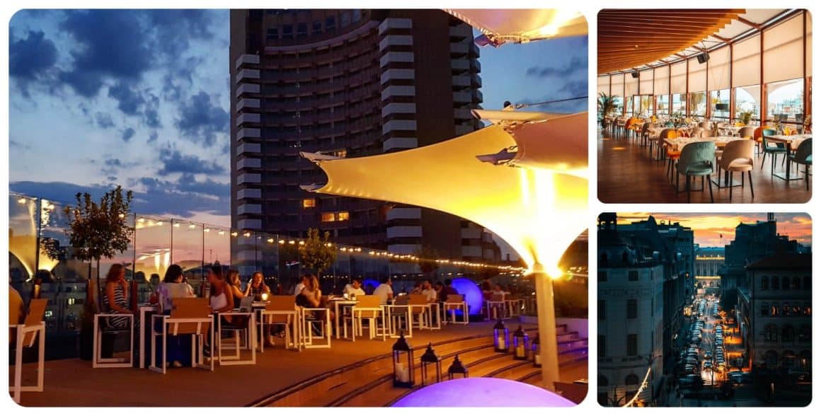 colaj de fotografii din restaurant Aria TNB, fotografii de ansamblu cu randurile de mese cu saune albastre, galbene si crem, ghivece de plante decorative, un perete format din ferestrele mari, cu storuri si tavan cu lemn si o alt poza cu canapele mari, confortabile, galbene si albastre, intre care sunt asezate mese. Unul din cele mai instagramabile restaurante din București 